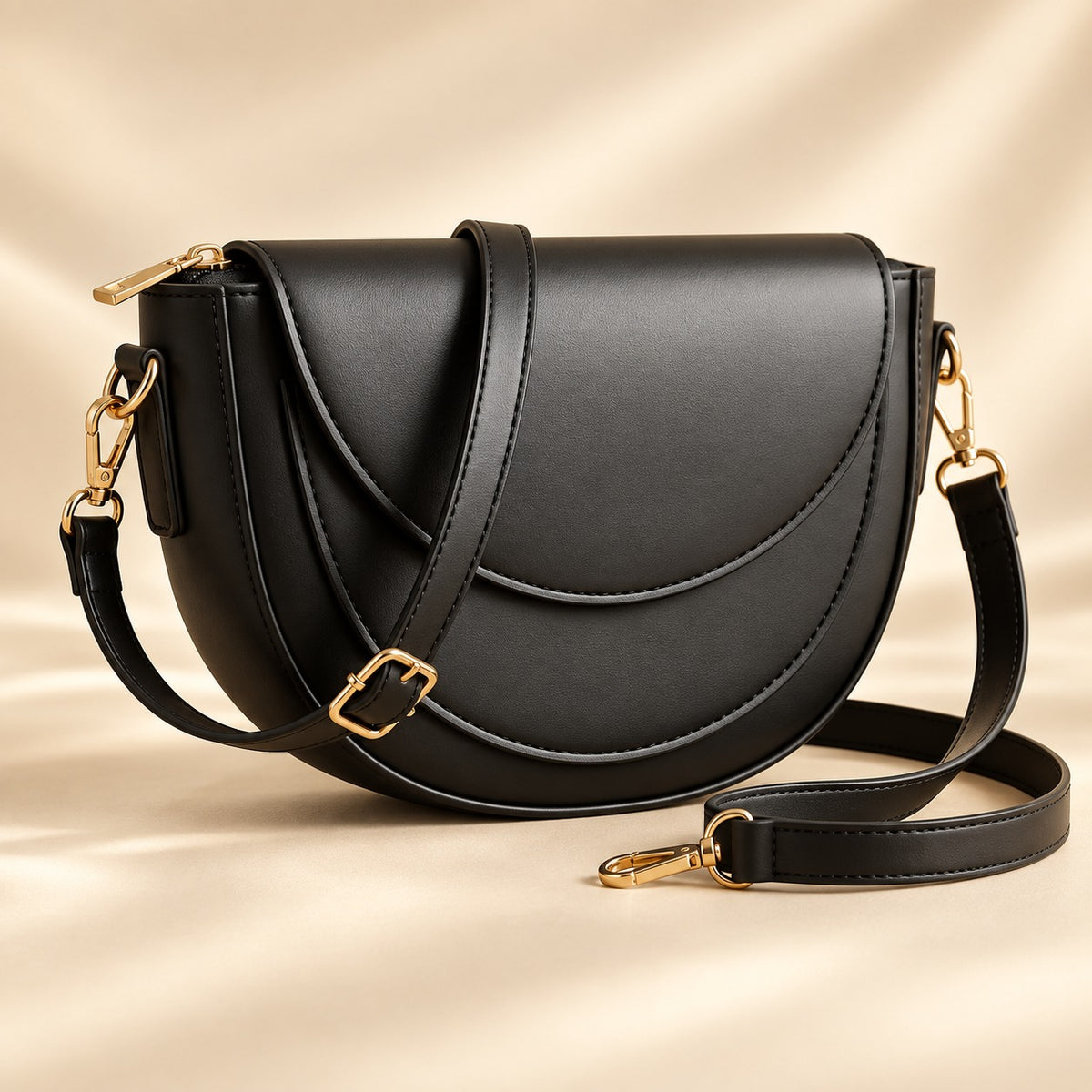 Elegant Black Ladies Shoulder Bag with Golden Metal Accessories – Stylish Crossbody Handbag for Women